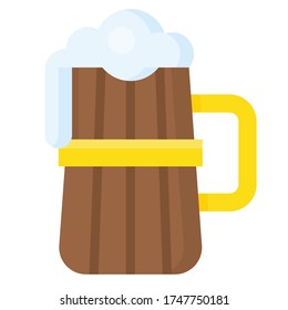 Wooden beer mug icon, Beverage flat style vector illustration