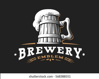 Wooden beer mug logo- vector illustration, emblem brewery design on dark background.