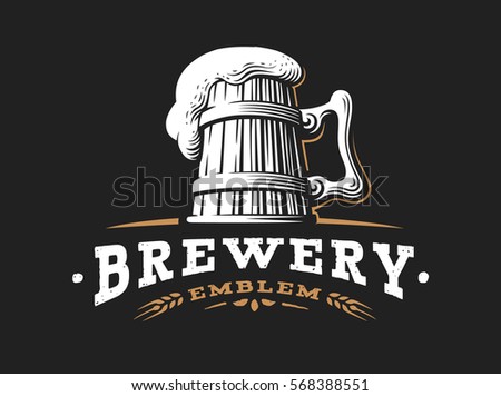Wooden beer mug logo- vector illustration, emblem brewery design on dark background.
