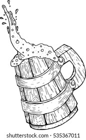 Wooden beer mug. Old beer mug. Vector illustration of a wooden mug of beer.