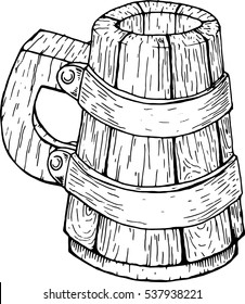 Wooden beer mug. Old beer mug. Vector illustration of a wooden mug of beer.