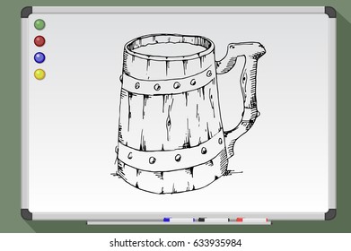 wooden beer mug on whiteboard. Hand drawn vector stock illustration