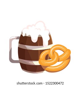 wooden beer mug with pretzel in white background vector illustration design