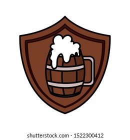 wooden beer mug with shield in white background vector illustration design