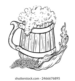 Wooden beer mug, splash and malt. Vector black and white hand-drawn illustration on a white background. A design element for a pub or restaurant menu, label and poster, logo and packaging.