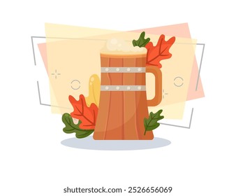 Wooden beer mug vector illustration. Cartoon drawing for banner design. Autumn leaves on abstract background. Oktoberfest, beer festival, celebration, autumn, Germany concept