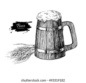 Wooden beer mug with wheat grain. Sketch style vector illustration. Hand drawn isolated beverage object on white background. Alcoholic drink drawing. Great for restaurant, bar, pub menu, oktoberfest 