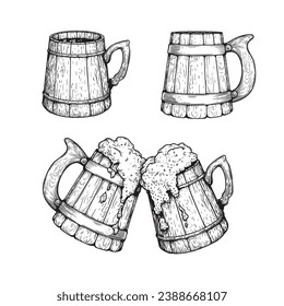 Wooden beer mugs set. Vintage mugs collection. Hand drawn sketch style. Best for brewery, pub menu designs. Vector illustrations.