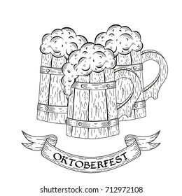 Wooden beer mugs in sketch style. Octoberfest typographic design. Decoration usable as banner, cards, posters, label, badge. Holiday Vector Illustration 