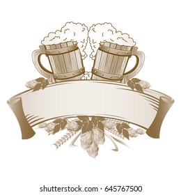Wooden beer mugs still life.Vintage vector illustration.