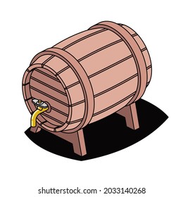 Wooden beer or whiskey barrel. Vector 3d sketch line isometric, color icon illustration, flat style. Creative design idea and elements for infographics and website.