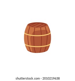Wooden beer or wine barrel cartoon icon flat vector illustration isolated on white background. Pirates or winery storage old oak cask for beverages and gunpowder.