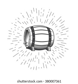 Wooden Beer Wine Barrel Isolated On A White Background. Beer Barrel Icon. Light Rays Of Burst. Vintage Style Illustration