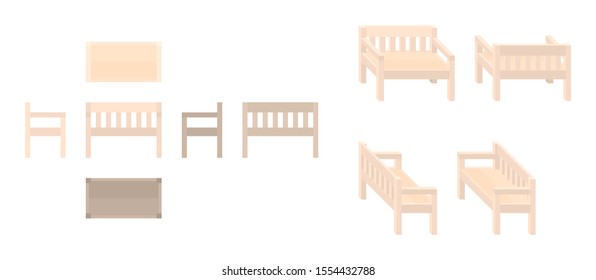 wooden beige bench from different angles isometric