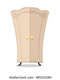 Wooden beige cupboard closeup. Classic wooden furniture with ornaments. Ancient chiffonier with shadow in flat. Cupboard icon. Isolated vector illustration on white background.