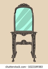 Wooden beige and gray table with carved details and a large mirror stands on a pale beige background eps 10 illustration
