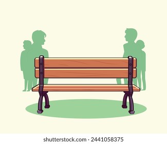 Wooden bench back view isolated on white background in the park. Illustration in flat style