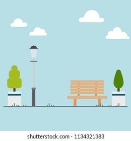 a wooden bench besides a grey lamp in a park among white clouds and light blue background. copy space design. vector illustration.