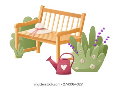 Wooden Bench in the Blooming Garden. Rustic Scene with Lavender Plant, Shrubbery, Retro Watering Can and Straw Hat. Cottagecore Mood. Flat Vector Illustration.
