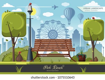 Wooden bench in the city amusement park in the background of a Ferris wheel. The Ferris wheel in the city park. Vector illustration