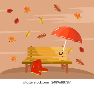 Wooden bench clearing, red boots and umbrella, time after the rain, evening atmospheric illustration to describe loneliness, emptiness. The red umbrella symbolizes love, romance