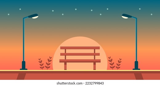 Wooden bench with electric streetlight lamp bulb pole illuminated light and stars at public park garden in evening twilight sunset backgroud flat vector design.