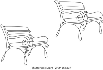 Wooden bench for garden and park. A place to relax in nature. Continuous line drawing. Vector illustration.