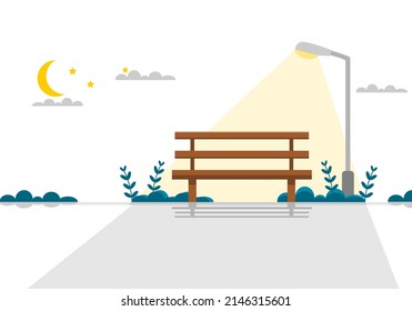 Wooden bench with glowing street lamp and moon star at public park garden in night time on white background flat vector.