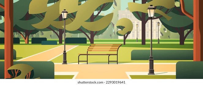 wooden bench and green trees in public summer city park horizontal