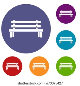 Wooden bench icons set in flat circle reb, blue and green color for web