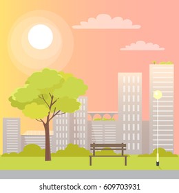 Wooden bench isolated between green tree and long street lamp with round bulb and many architectural buildings on sunset colourful background. Vector illustration of urban scene in the evening.