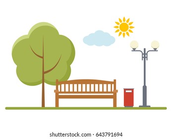 Wooden bench, lantern  and tree in the Park. Isolated illustration on white background.

