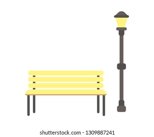 Wooden bench and lantern vector isolated icons. Srreet lamp and seat made of planks, place for rest in city park, lighting item in flat style