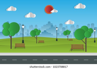 wooden bench, lawn and trees. Green park vegetation in center of big town. vector art and illustration.