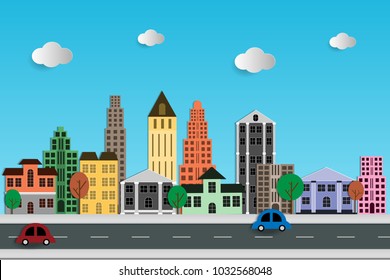 wooden bench, lawn and trees. Green park vegetation in center of big town. vector art and illustration.