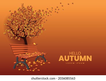 wooden bench with leaf. Hello Autumn Vector illustration design with beautiful nature background.