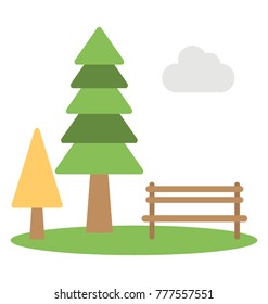 
A wooden bench location under a tree having a beautiful view 
