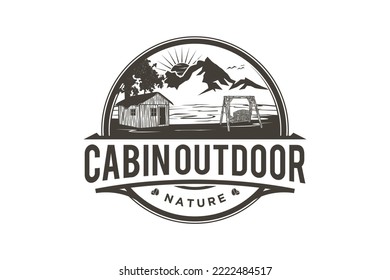 Wooden bench logo outdoor river lake scene design wood house  illustration badge rounded shape 