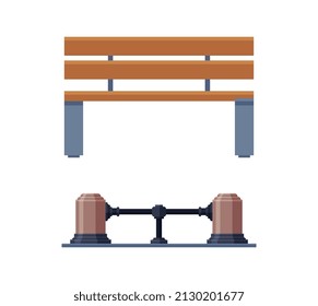 Wooden Bench as Long Seat and Iron Barrier Post as City Park Element Vector Set