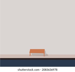 Wooden bench near wall on street, cartoon style, Sign, Lighting Equipment, Billboard, Advertisement, Large blank billboard on a street wall. Vector illustration