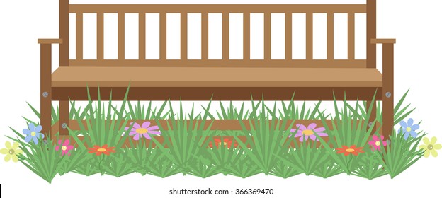 wooden bench on the lawn with flowers on a white background