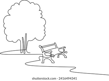 Wooden bench on a path in a garden or park. A place to relax in nature. Continuous line drawing. Vector illustration.