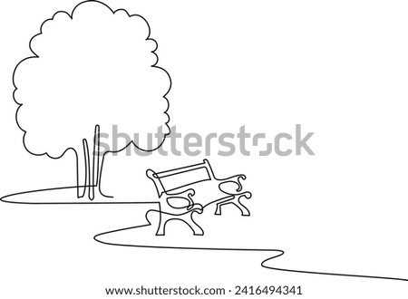 Wooden bench on a path in a garden or park. A place to relax in nature. Continuous line drawing. Vector illustration.