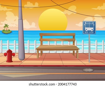 A wooden bench on the sidewalk with sea view