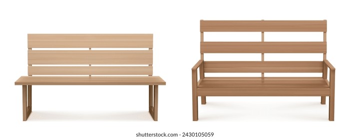 Wooden bench for park or backyard decoration. Realistic vector illustration set of front view on wood long seat made of planks. Empty garden or street chair. Light brown urban exterior furniture.