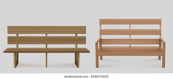 Wooden bench for park or backyard decoration. Realistic vector illustration set of front view on wood long seat made of planks. Empty garden or street chair. Light brown urban exterior furniture.