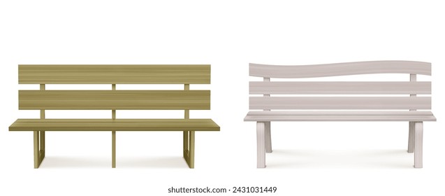 Wooden bench for park or backyard decoration. Realistic vector illustration set of front view on wood long seat made of planks. Empty garden or street chair. Light brown urban exterior furniture.