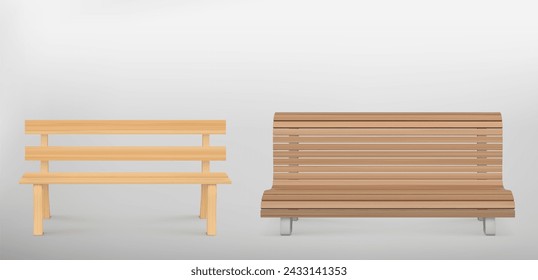 Wooden bench for park or backyard decoration. Realistic vector illustration set of front view on wood long seat made of planks. Empty garden or street chair. Light brown urban exterior furniture.