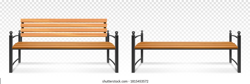 Wooden Bench For Park Or Garden. Vector Realistic Set Of Outdoor Furniture For Seat, Bench From Wood And Metal For Comfortable Rest Outside Isolated On Transparent Background