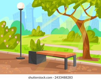 Wooden bench park landscape. Benches seat place in central park city outside cartoon scene, tree outdoor nature and footpath street path alley urban garden vector illustration of park bench landscape